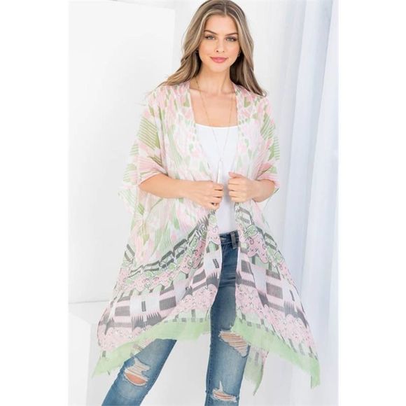 Olive Multi Pattern Open Front Kimono - Picture 5 of 6